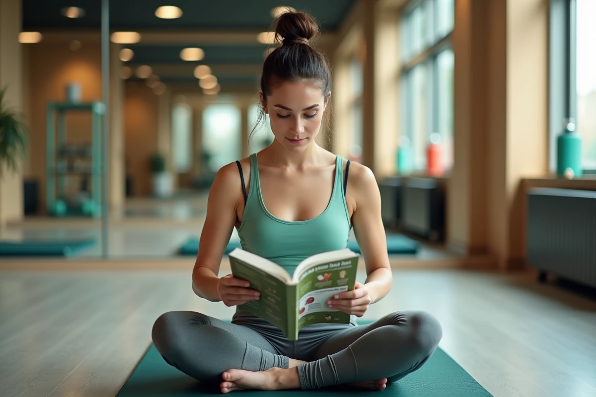 Femme lisant un guide nutrition dans un espace gym lumineux