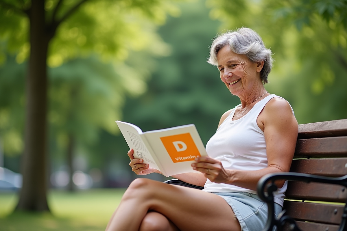 Femme lisant une brochure sur la vitamine D en plein air