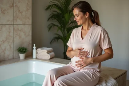 Femme d'&acirc;ge moyen assise dans la salle de bain confortable