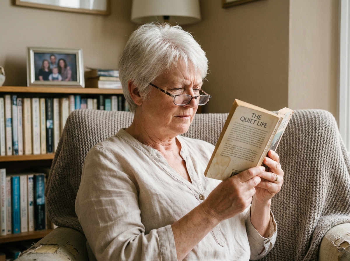 Femme âgée avec des lunettes de lecture essayant de lire un livre à la maison, illustrant la baisse de la vue avec l'âge