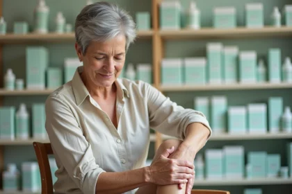 Femme d'une cinquantaine d'années se massant le genou en pharmacie, illustrant le soulagement de l'arthrose avec Phytargile concentré