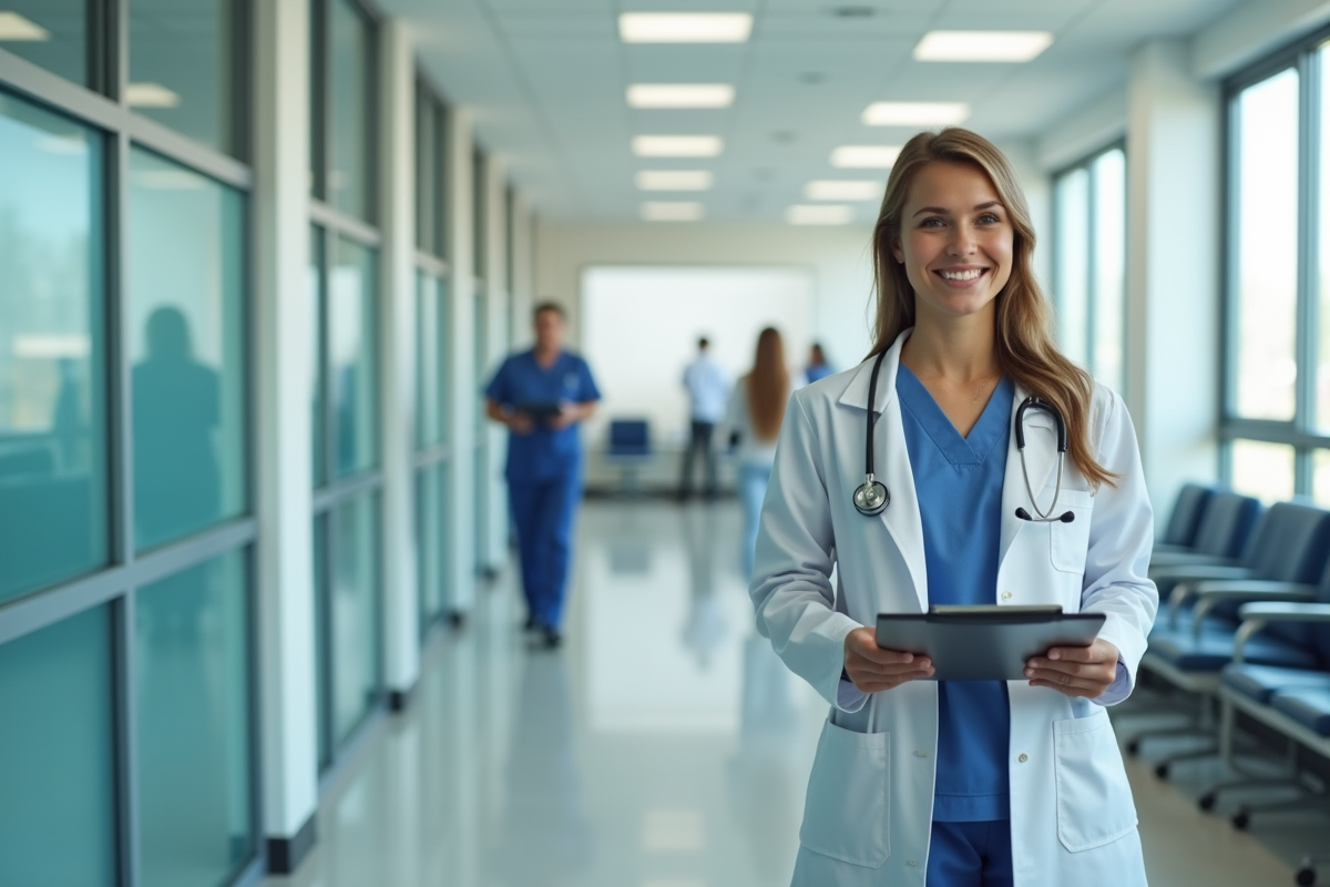 Jeune femme médecin dans un couloir de clinique accueillante