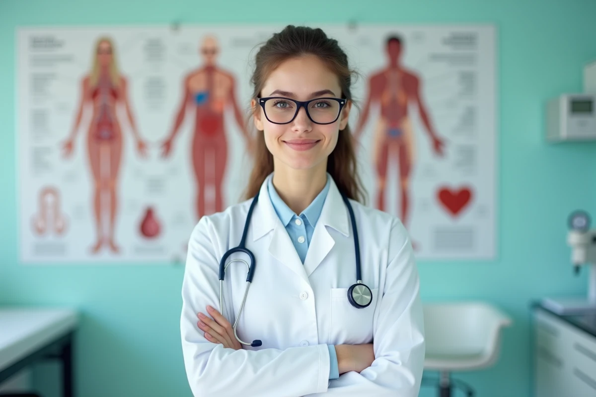 Jeune femme medecin en blouse blanche dans un cabinet