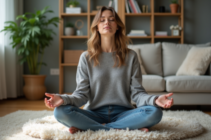 Femme m&eacute;ditant dans un salon lumineux et cosy