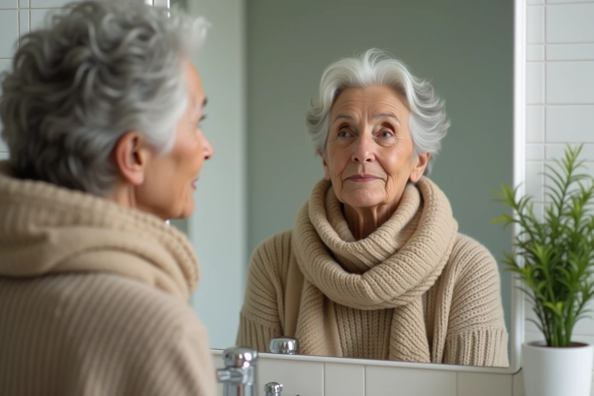 Femme regardant son visage dans un miroir à la maison