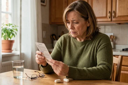 Femme d'une cinquantaine d'années lisant la notice d'un médicament gynécologique à la cuisine, expression préoccupée