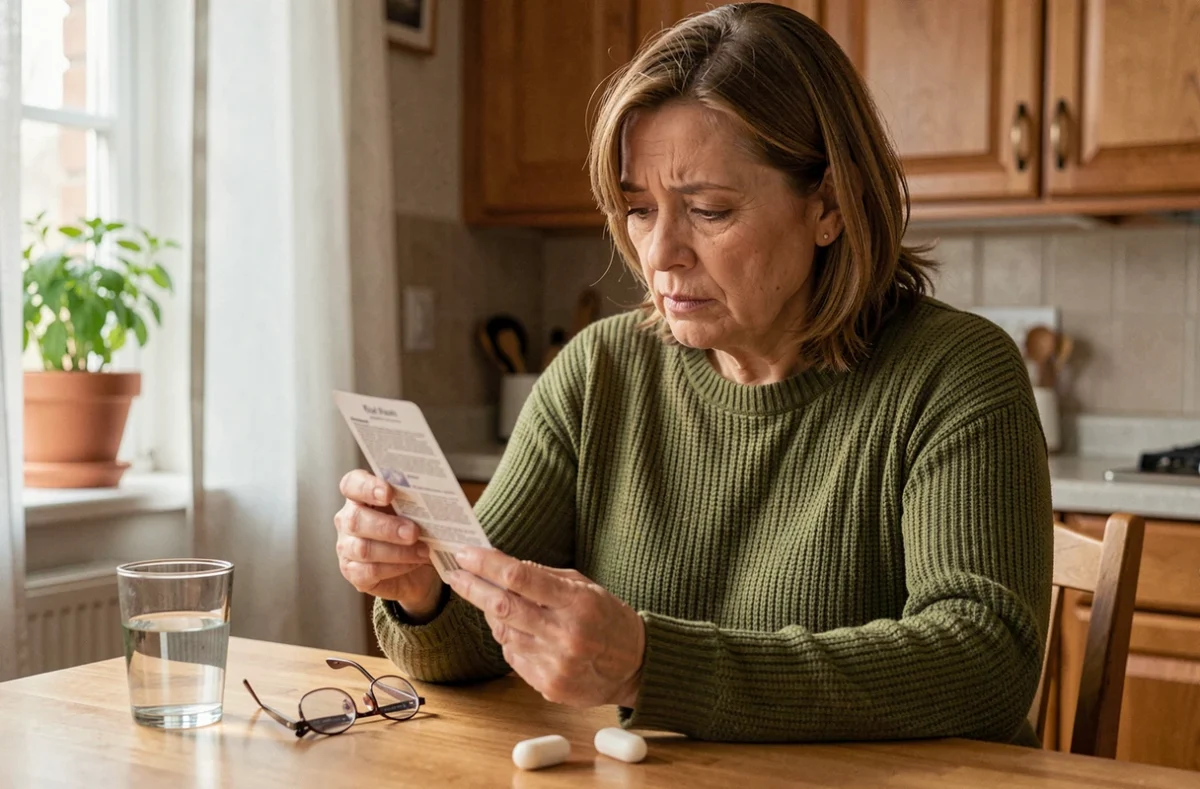Femme d'une cinquantaine d'années lisant la notice d'un médicament gynécologique à la cuisine, expression préoccupée