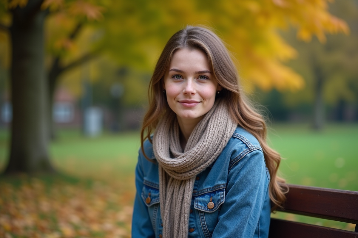 Jeune femme assise sur un banc dans un parc