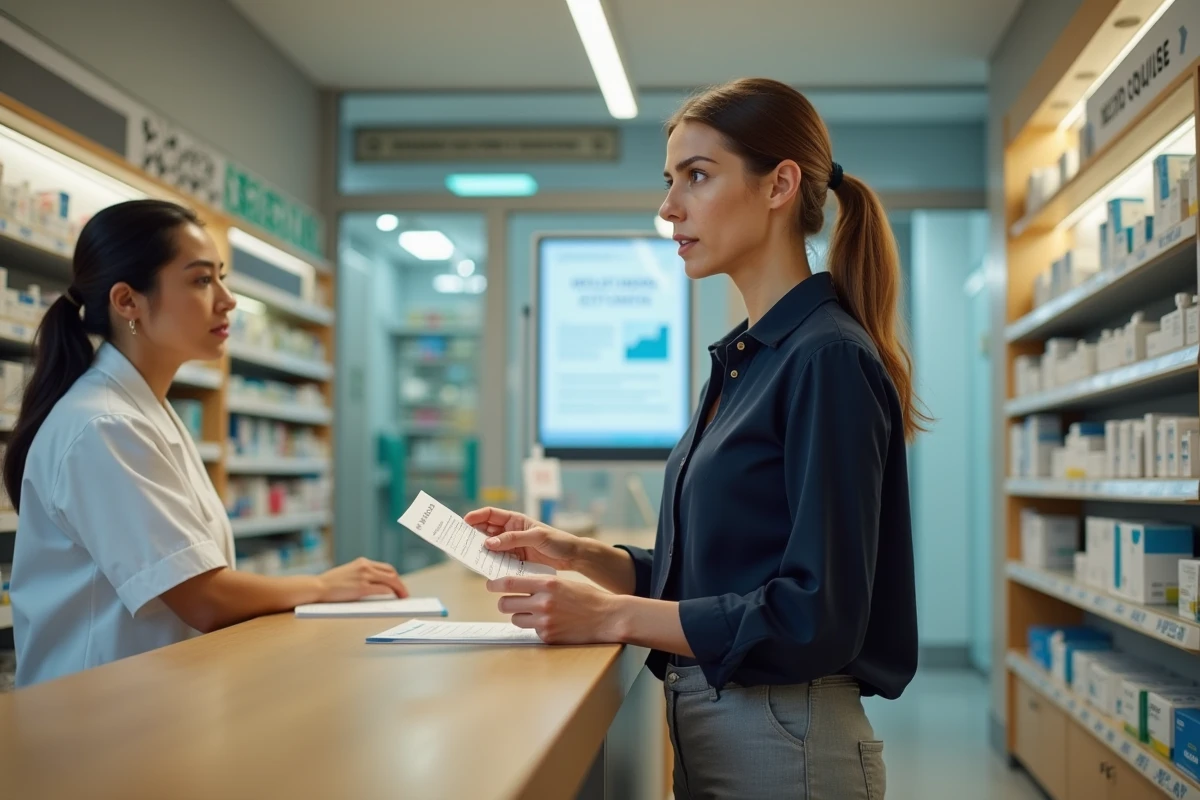Femme à la pharmacie tenant une ordonnance liée à un bilan hépatique et taux de GGT anormal