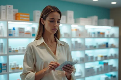 Femme quadrag&eacute;naire en pharmacie lisant la notice d'un m&eacute;dicament pouvant causer une prise de poids inexpliqu&eacute;e