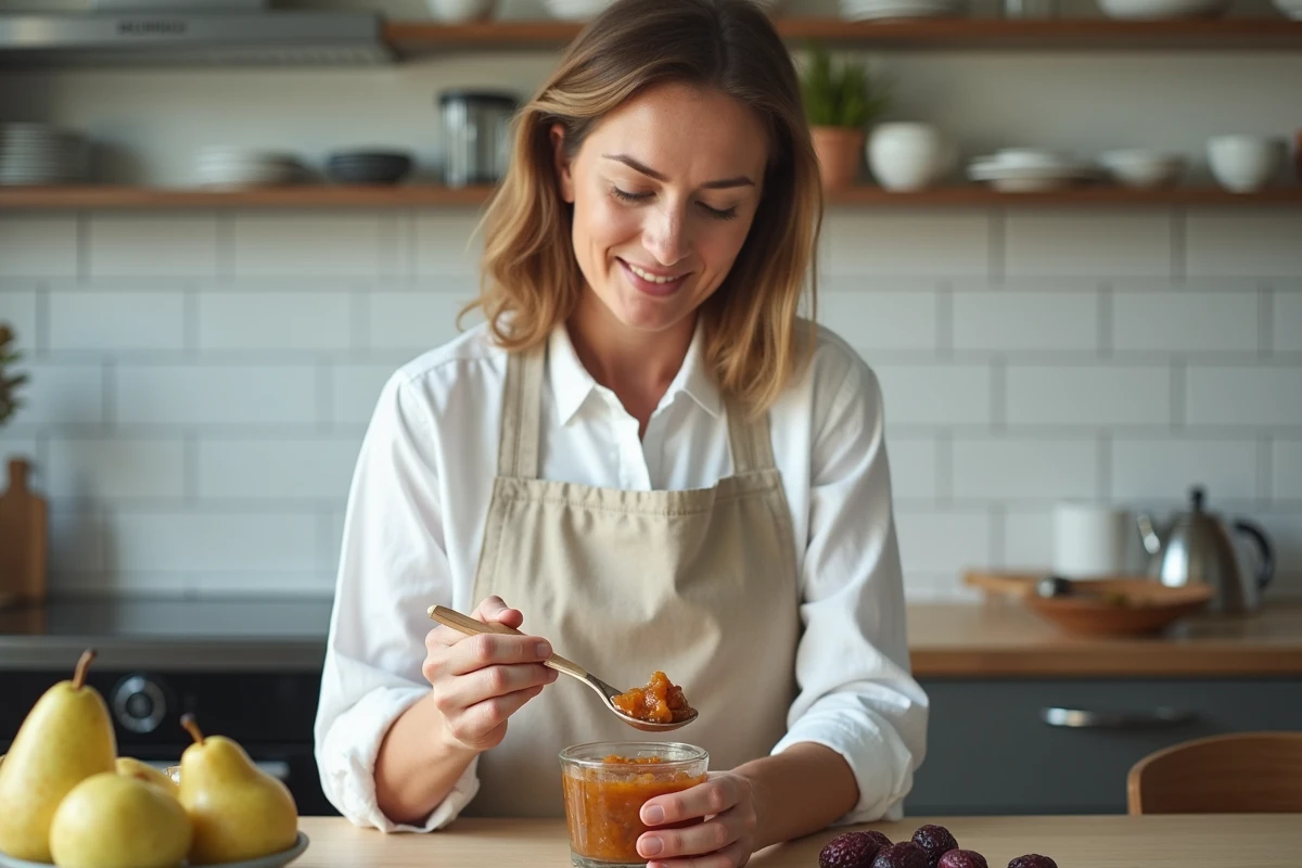 Femme portionnant de la compote maison dans un bol en verre dans une cuisine moderne, avec des prunes et des poires fraîches posées sur le comptoir
