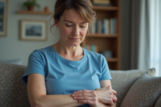 Femme en portrait avec peau irritée sur le bras