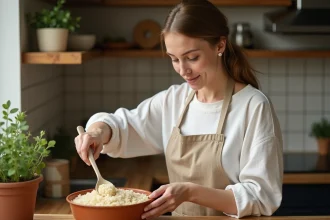 Femme préparant un bol de riz complet dans une cuisine moderne aux tons chaleureux