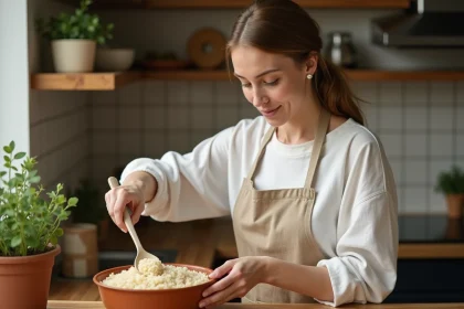 Femme préparant un bol de riz complet dans une cuisine moderne aux tons chaleureux