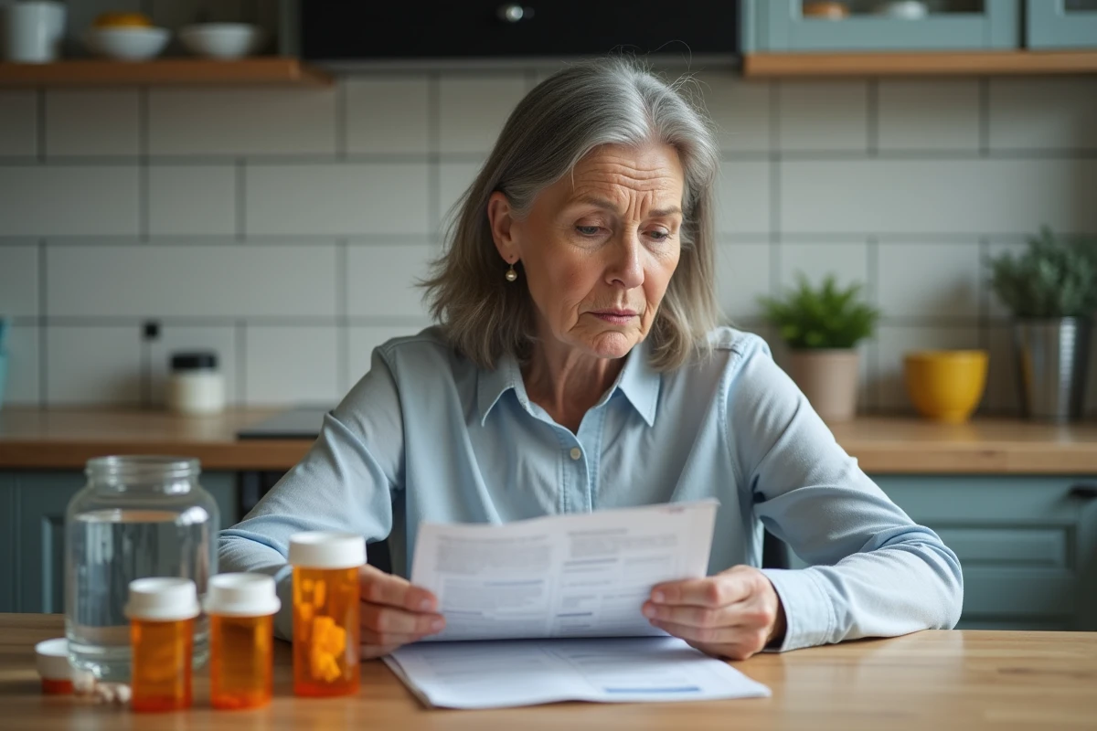 Femme d'âge moyen avec médicaments sur la table