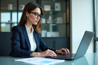 Femme en costume vérifiant documents de conformité privacy