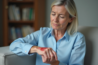Femme d'âge moyen examinant des plaques rouges sur le poignet