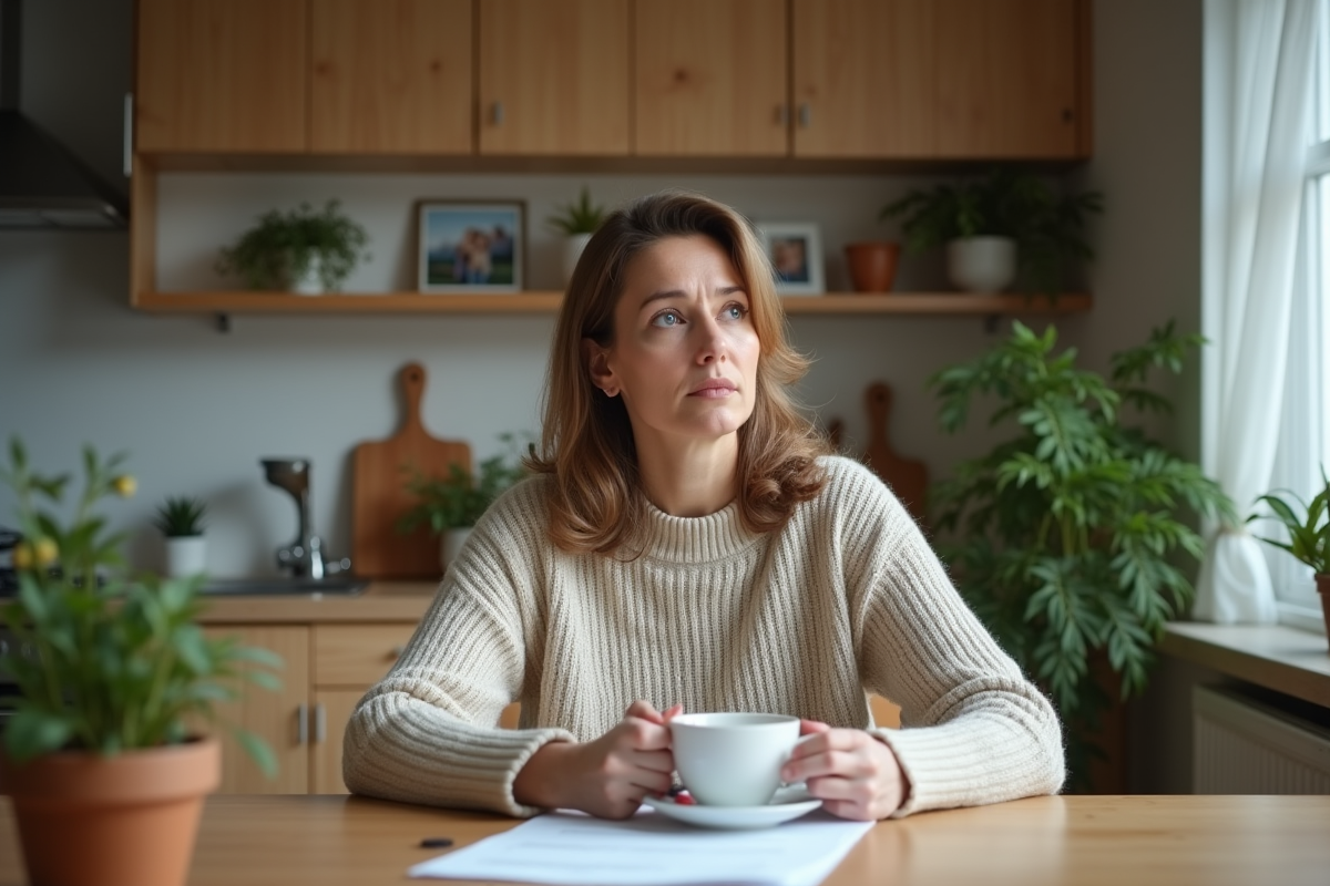 Femme assise à la cuisine pensant devant une tasse de thé