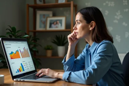 Femme r&eacute;fl&eacute;chie devant un ordinateur avec graphiques de long&eacute;vit&eacute;