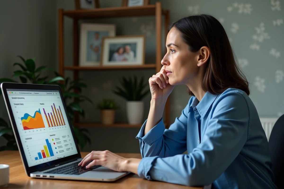 Femme réfléchie devant un ordinateur avec graphiques de longévité