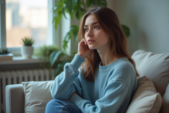 Jeune femme en réflexion dans un salon cosy
