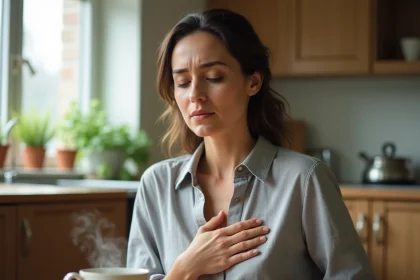 Femme adulte tenant sa poitrine avec une expression d'inconfort dû au reflux gastrique, assise dans une cuisine naturelle avec une tisane