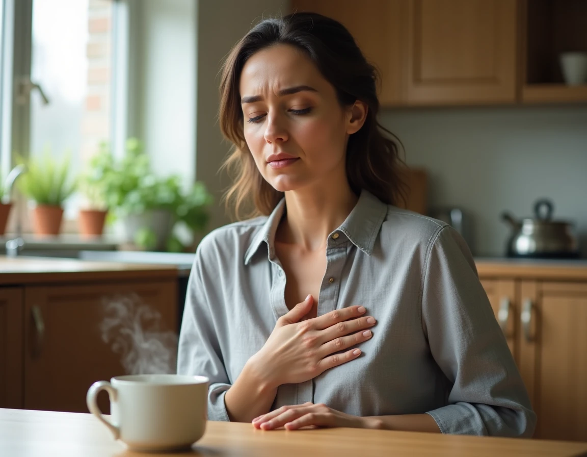Femme adulte tenant sa poitrine avec une expression d'inconfort dû au reflux gastrique, assise dans une cuisine naturelle avec une tisane