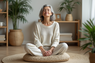 Femme assise en méditation dans un intérieur calme