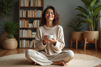 Femme détendue buvant une tisane dans un salon apaisant