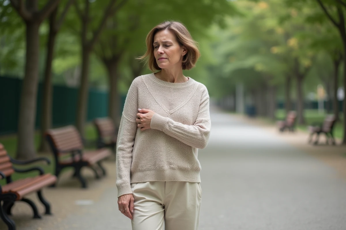 Femme r&eacute;fl&eacute;chissant dans un parc urbain en plein air