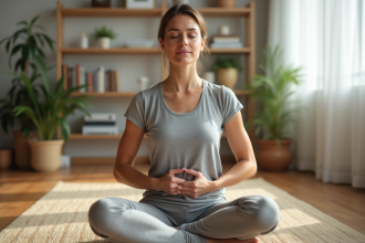 Femme en position de respiration abdominale dans un salon lumineux