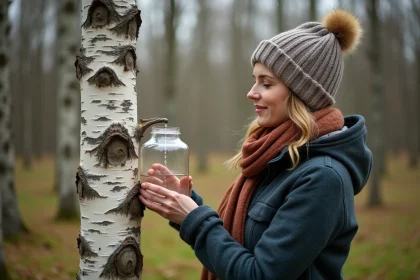 Femme récoltant la sève de bouleau dans la forêt au printemps
