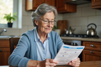 Femme senior lisant un dépliant santé à la maison