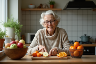 Femme senior souriante coupant des fruits dans la cuisine