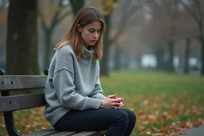 Femme assise seule sur un banc de parc en automne, regard baissé, expression mélancolique après une rupture difficile