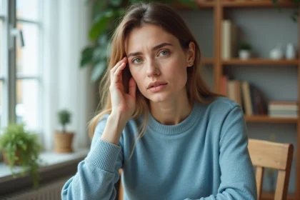 Femme en sweater bleu clair se tenant l'oreille dans un cadre domestique