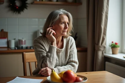 Femme pr&eacute;occup&eacute;e dans sa cuisine en hiver