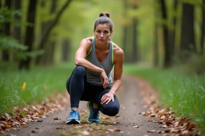 Femme sportive touchant son genou lors d'une marche en for&ecirc;t