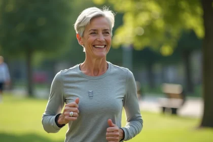 Femme souriante courant dans un parc avec dispositif m&eacute;dical visible