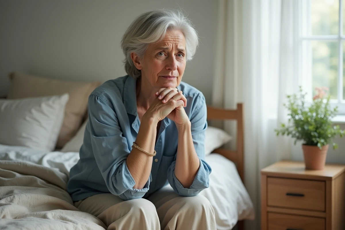 Femme assise sur le bord d'un lit, les mains jointes, réfléchissant à des symptômes nerveux ou à une maladie silencieuse comme des vibrations internes