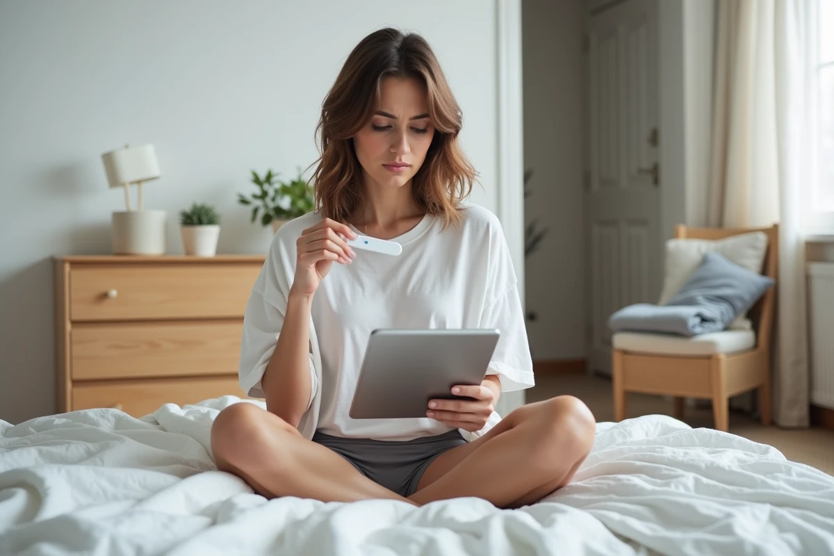 Femme tenant un test de grossesse et consultant une application de suivi de cycle sur tablette