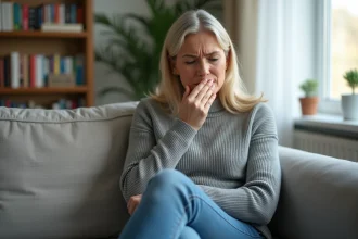 Femme d'&acirc;ge moyen toussant dans un salon cosy