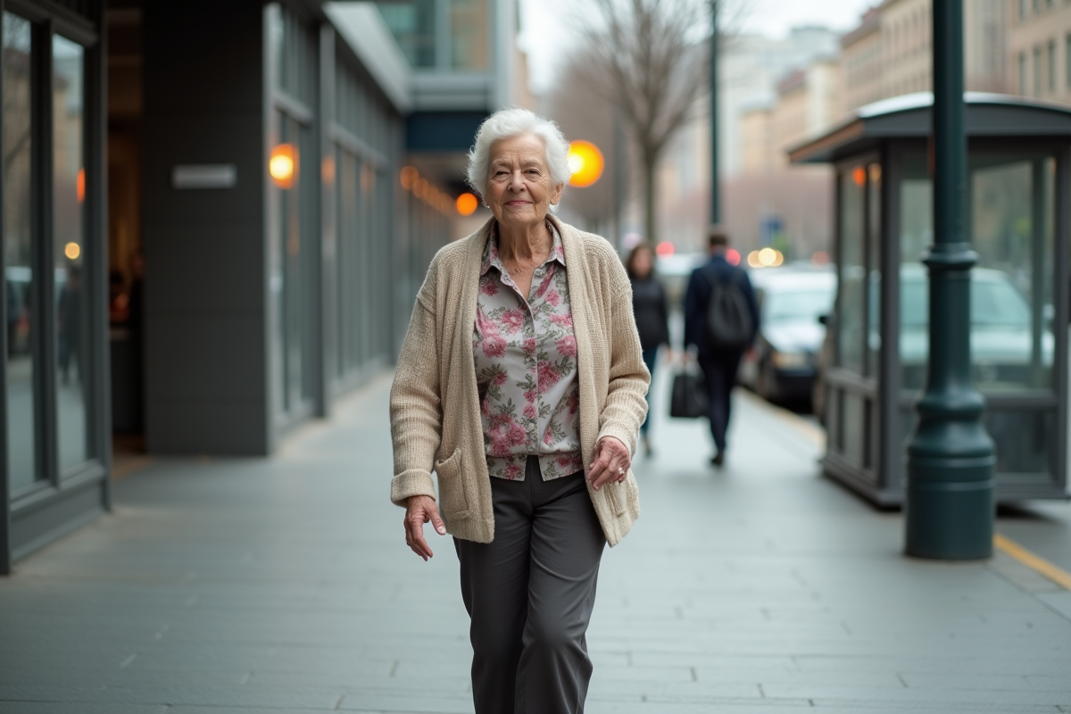 Femme âgée debout sur le trottoir urbain avec expression inquiète