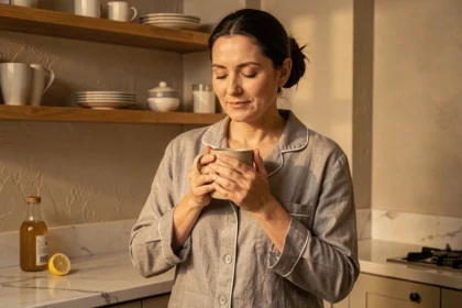 Femme buvant un verre d'eau chaude au vinaigre de cidre le soir dans une cuisine apaisante pour favoriser le sommeil et la digestion