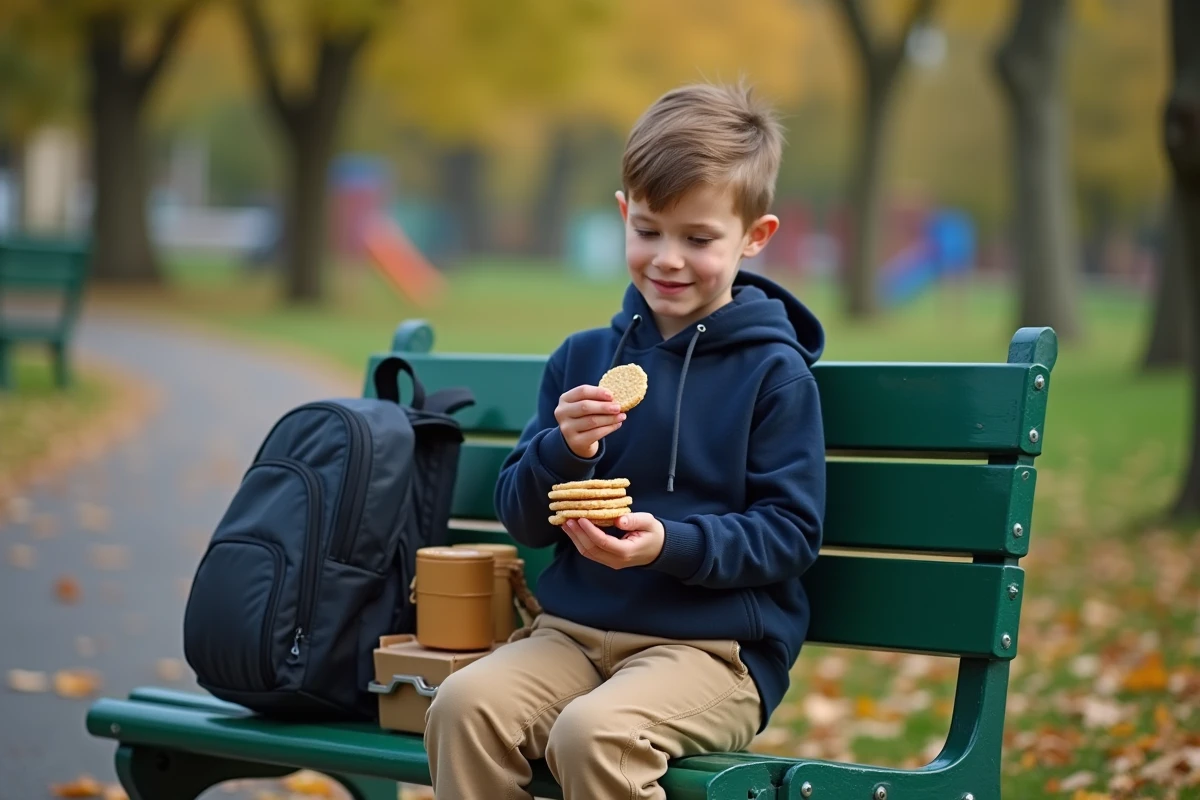 Gar&ccedil;on en plein air tartinant du beurre de cacahuete sur des galettes