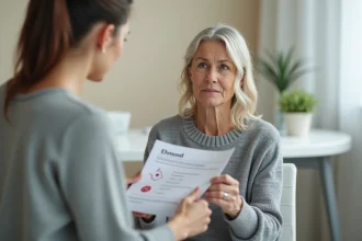 Femme fatiguée consultant ses résultats d'analyse sanguine montrant une gamma-glutamyl transférase élevée chez le médecin