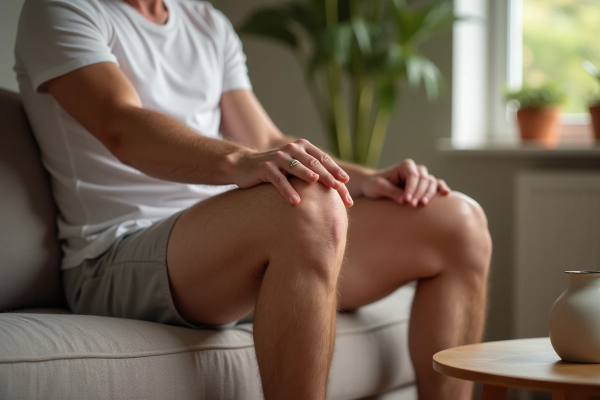 Gros plan sur un genou masculin présentant un gonflement visible à l'arrière du genou, signe caractéristique d'un kyste de Baker ou kyste synovial