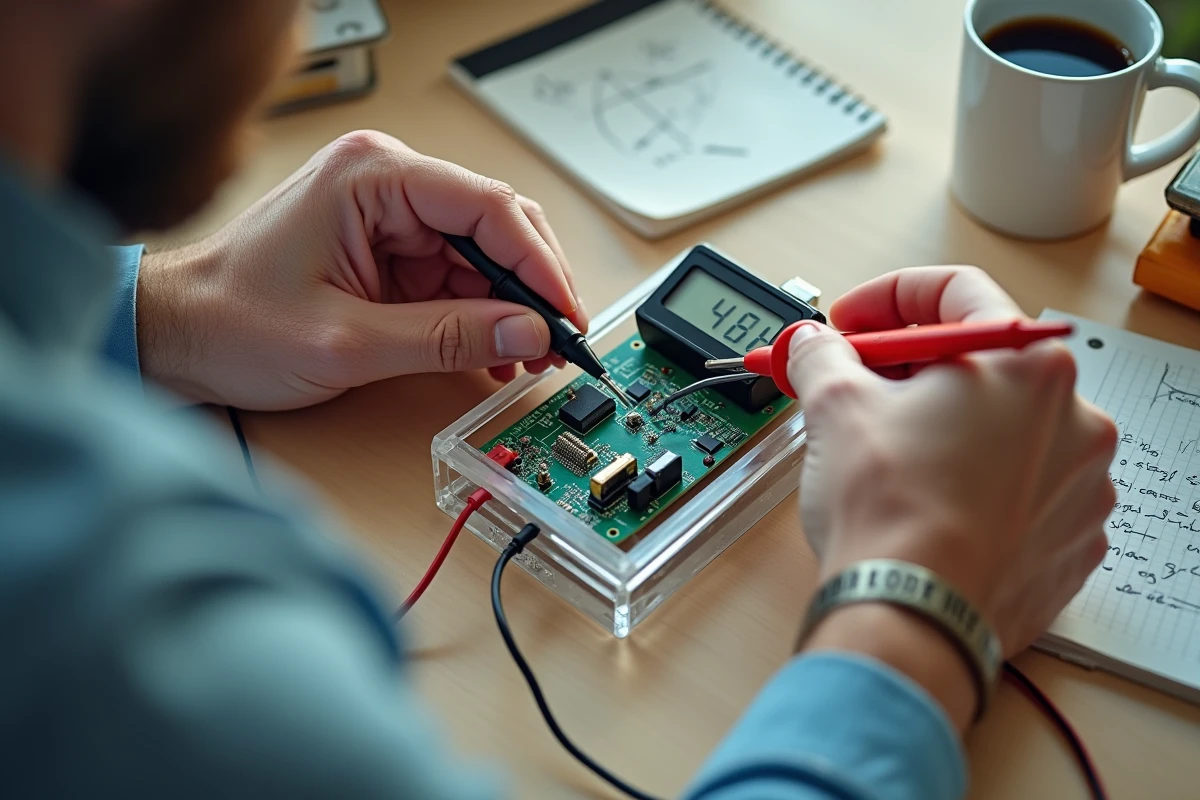 Gros plan sur des mains connectant des sondes de mesure &agrave; un circuit imprim&eacute; pour calculer une tension