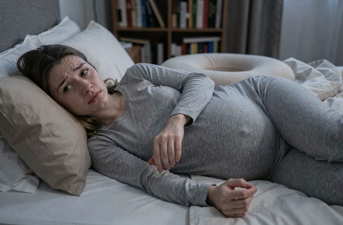 Femme enceinte allongée sur le côté dans son lit, ressentant des fourmillements dans les bras durant la nuit