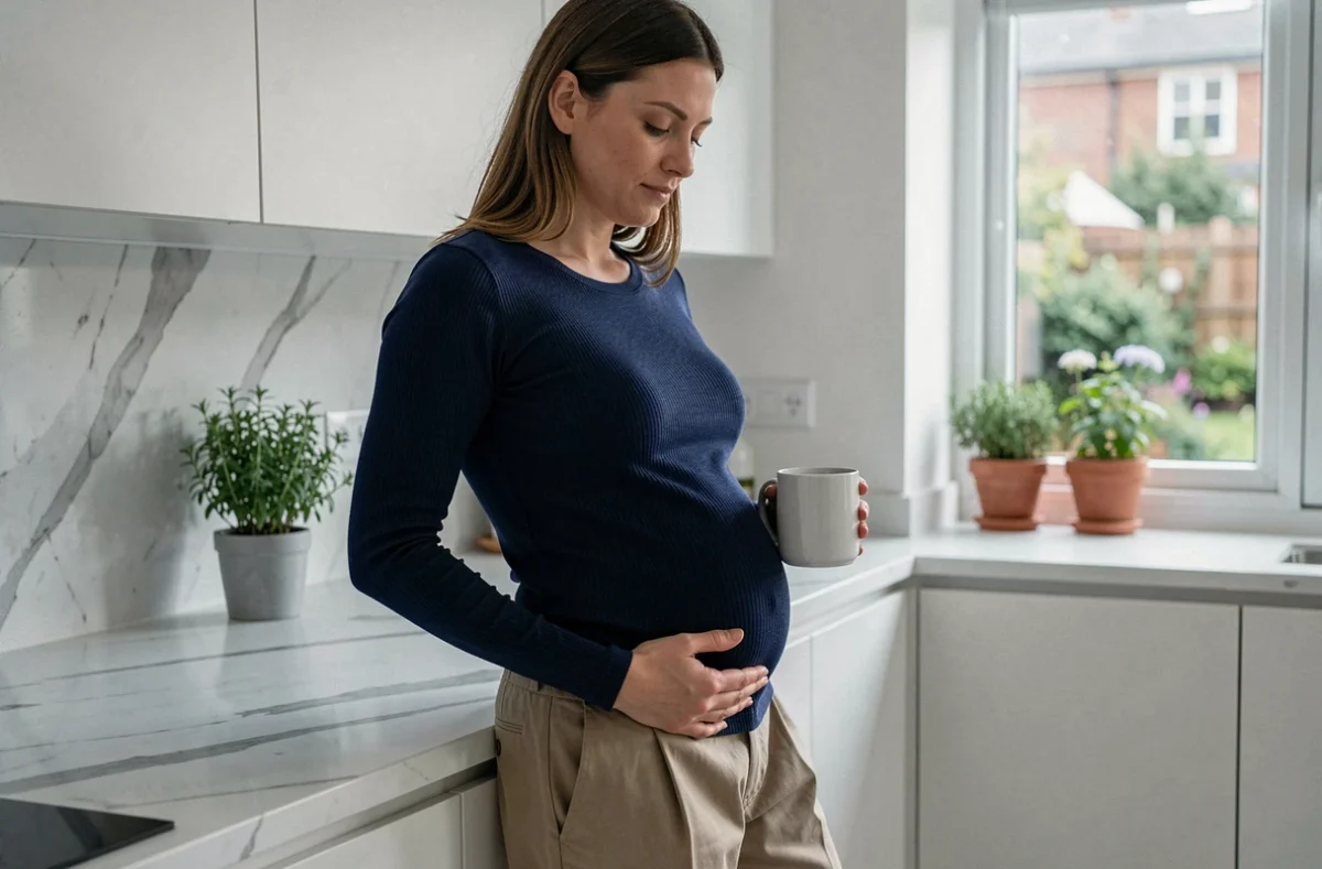 Femme enceinte de jumeaux à 6 semaines posant dans une cuisine moderne, ventre légèrement visible, mug à la main